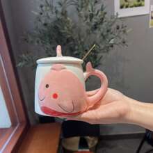1 Pieza 400ml Taza De Cerámica Con Diseño Hecho A Mano De Ballena De Dibujos Animados, Viene Con Cuchara, Adecuada Para Regalo, Uso En El Hogar Como Taza De Desayuno - Rosa - Ver 10