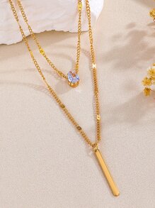 2 cái/bộ Vòng Cổ Mặt Dây Chuyền Hình Chữ Nhật Rhinestone - Vàng - Xem 3