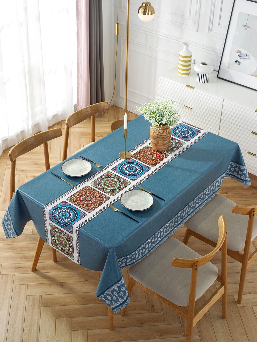 1pc Sun Love Blue Pvc Tablecloth, Waterproof And Oilproof Rectangle Printed Table Cover For Home, Tv Cabinet, Coffee Table - Multicolor - View 1