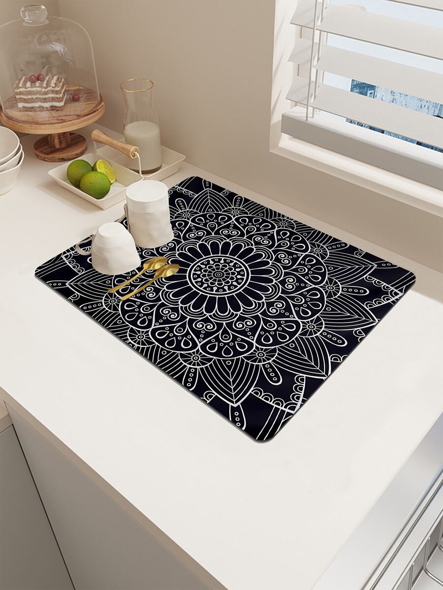 1入組TPR橡膠晾乾波西米亞曼陀羅圖案洗碗墊 - 黑色 - 查看 1
