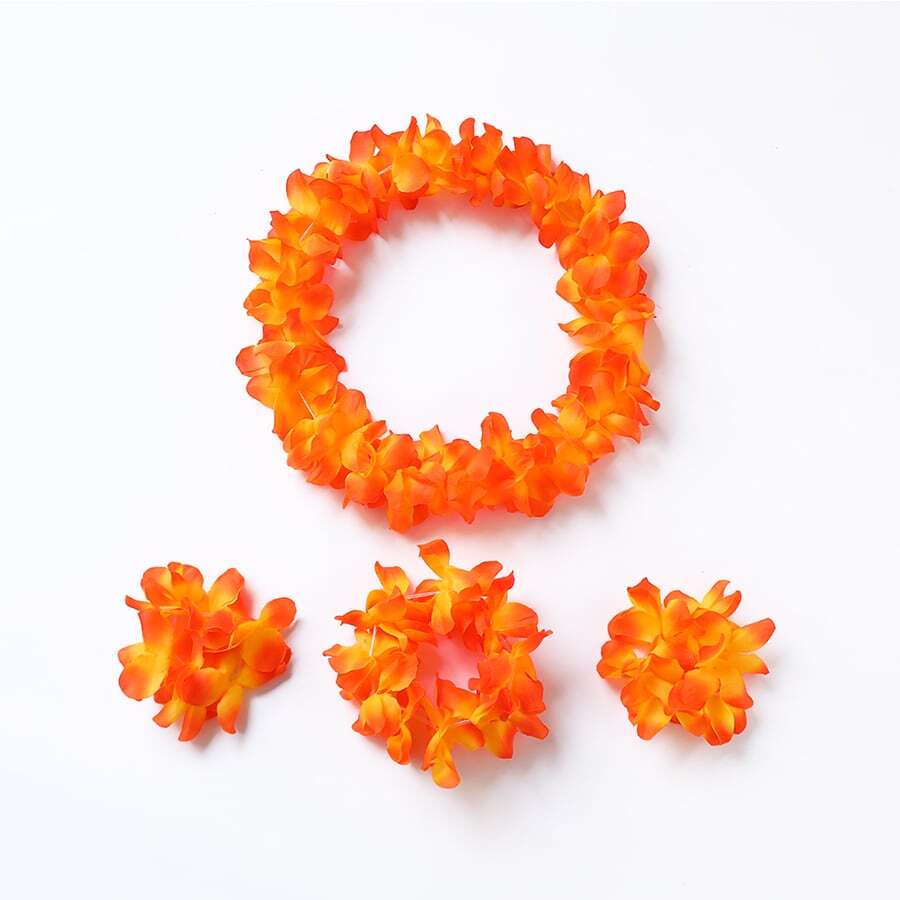 4件套兒童和成人夏威夷花雷花環舞蹈草裙舞女孩頭帶，熱帶海灘派對裝飾 - 珊瑚橙 - 查看 1