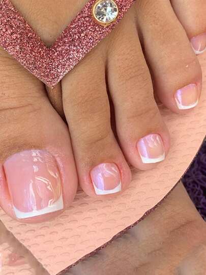 مجموعة أظافر مزيفة مربعة بأسلوب فرنسي باللون الوردي الفاتح والأبيض البسيط مكونة من 24قطعة للفتيات اللطيفات، بما في ذلك نصائح أظافر الأصابع واظافر لصق ضغط على لوازم الأظافر