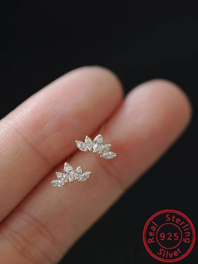 Pendientes con incrustaciones de piedras preciosas de ojo de caballo de plata pura S925 de lujo de estilo europeo y americano, accesorio de aretes en forma de abanico con diamantes de imitación que combinan con todo