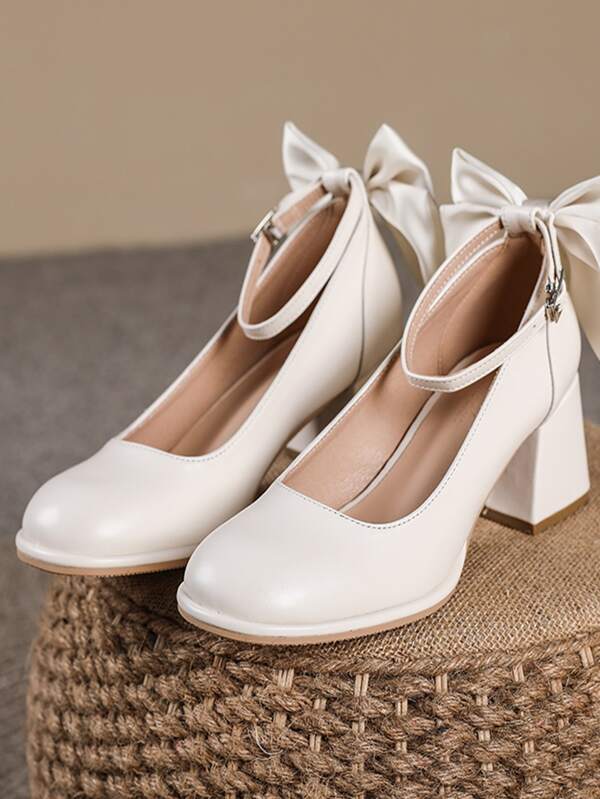 Elegante Bombas De Tira De Tornozelo Para Mulheres , Decoração De Arco Dedo Do Pé Quadrado Bombas De Salto Grosso