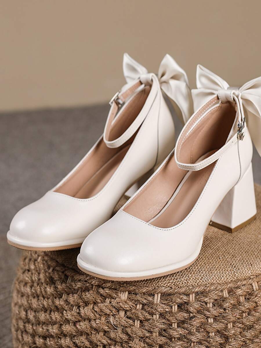 Giày cao gót quai ngang mắt cá chân thanh lịch dành cho nữ, giày cao gót mũi vuông chunky trang trí nơ