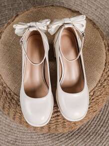 Giày cao gót quai ngang mắt cá chân thanh lịch dành cho nữ, giày cao gót mũi vuông chunky trang trí nơ - Màu be - Xem 3