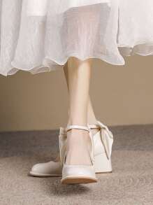 Giày cao gót quai ngang mắt cá chân thanh lịch dành cho nữ, giày cao gót mũi vuông chunky trang trí nơ - Màu be - Xem 4