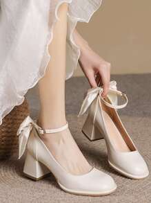 Giày cao gót quai ngang mắt cá chân thanh lịch dành cho nữ, giày cao gót mũi vuông chunky trang trí nơ - Màu be - Xem 7