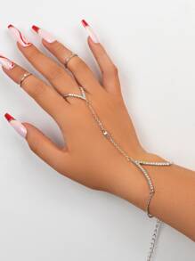 3pcs Glass Rhinestone Connected Finger Bracelet Set - Silver - View 1