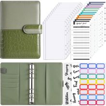 1套裝A6綠色水潤光澤套可填充活頁夾帶12拉鍊口袋,12預算,3貼紙,&硬幣收納,6孔現金預算筆記本 - 綠色 - 查看 1