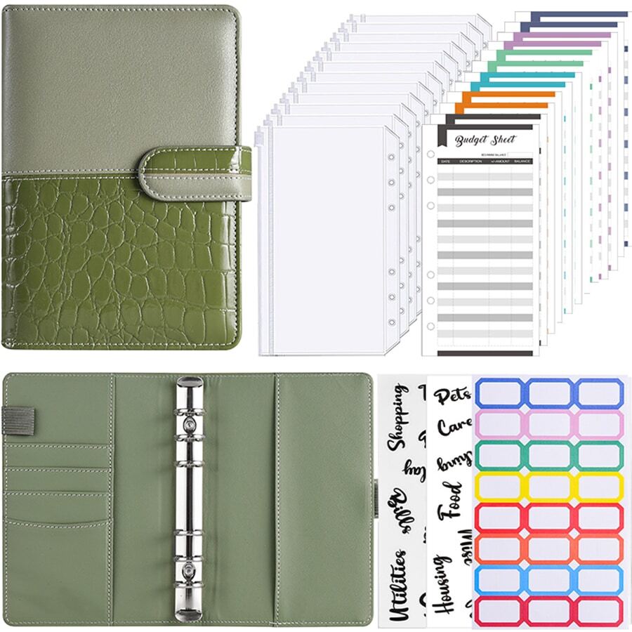 1套裝A6綠色水潤光澤套可填充活頁夾帶12拉鍊口袋,12預算,3貼紙,&硬幣收納,6孔現金預算筆記本 - 綠色 - 查看 1