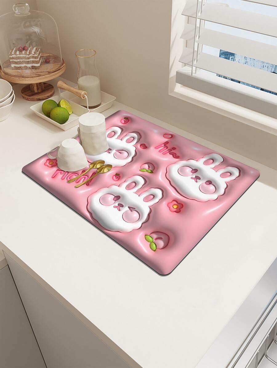 1pc Rabbit Pattern Non-slip Dish Drying Mat - Pink - View 1