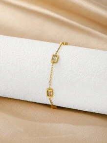 1入組鏈條鏈接方形方晶鋯石奢華時尚手環 - 金黃色 - 查看 4