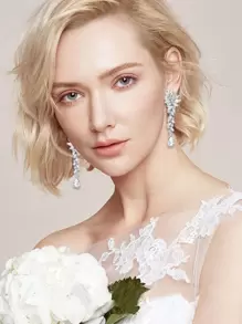 1 đôi Sang trọng Kim cương Dát Lá cây & Hình giọt nước Dangle Hoa tai Thích hợp Đối với Của phụ nữ Phụ kiện Đối với Đám cưới , Các bữa tiệc , Và Khác Dịp - Bạc - Xem 2
