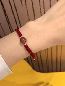 obsidiana afortunado cuenta Pulsera para hombres & rojo fresa cristal & trenzado Pulsera pareja para mujeres - Rojo - Ver 3