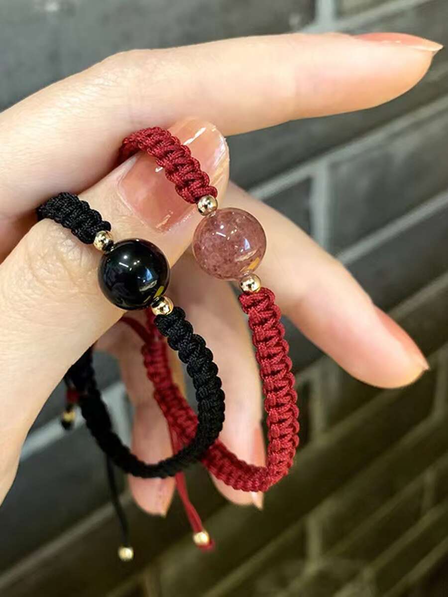 obsidiana afortunado cuenta Pulsera para hombres & rojo fresa cristal & trenzado Pulsera pareja para mujeres - Rojo - Ver 1