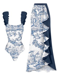 Landscape Print One-Piece Swimsuit With Ruffle Beach Skirt - White - View 1