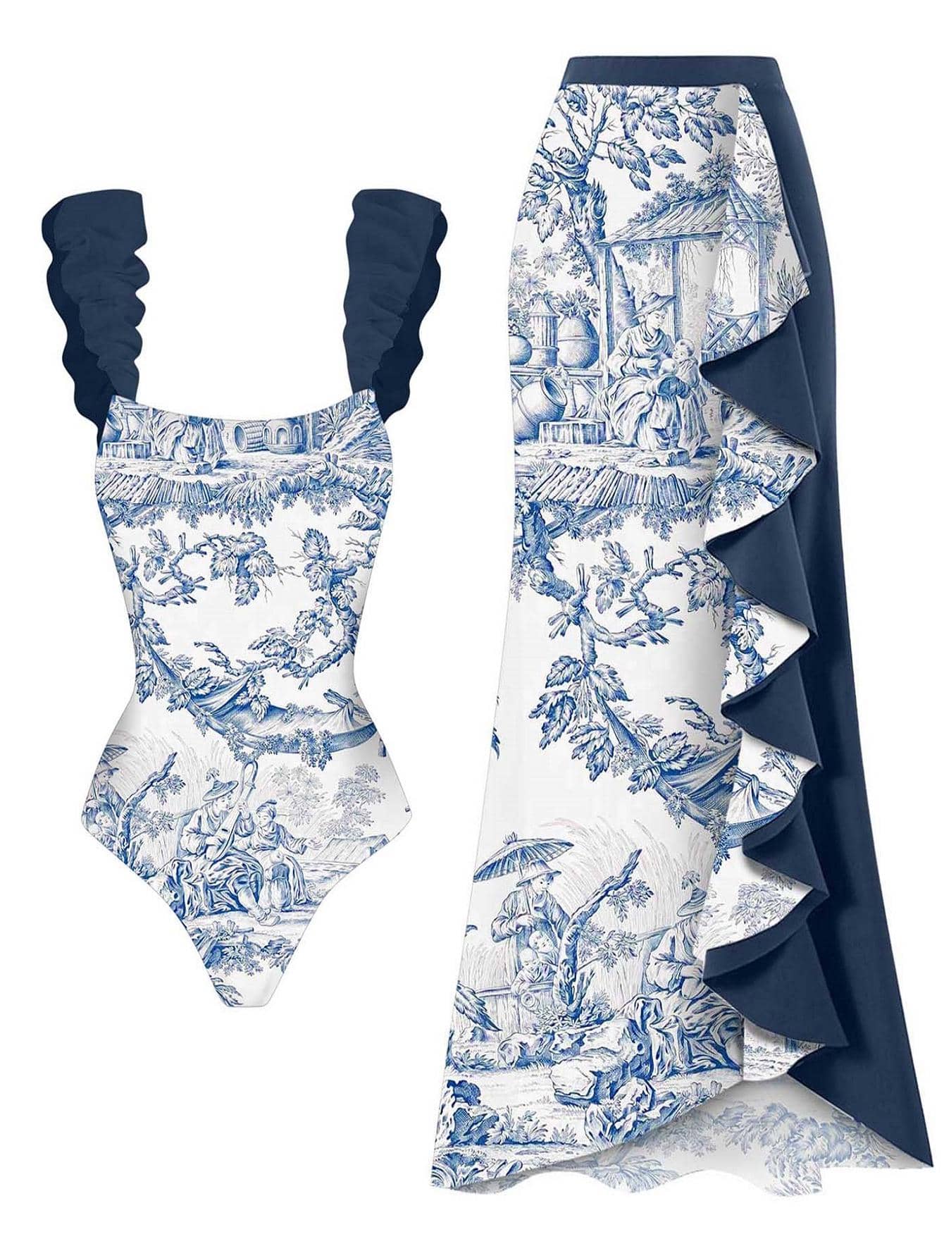 Landscape Print One-Piece Swimsuit With Ruffle Beach Skirt - White - View 1