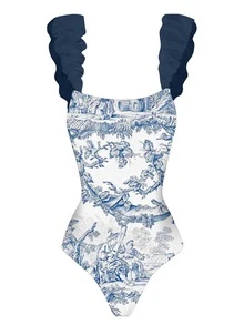 Landscape Print One-Piece Swimsuit With Ruffle Beach Skirt - White - View 2