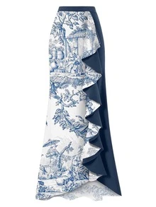 Landscape Print One-Piece Swimsuit With Ruffle Beach Skirt - White - View 3