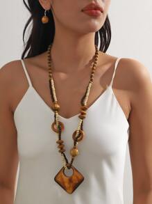 3pcs/set Beaded Rice-shaped Chain With Square Printed Pendant Fashionable Retro Vacation Style Women's Jewelry Set - Multicolor - View 1