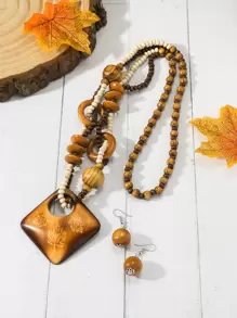 3pcs/set Beaded Rice-shaped Chain With Square Printed Pendant Fashionable Retro Vacation Style Women's Jewelry Set - Multicolor - View 2