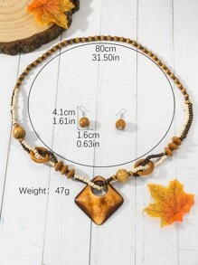 3pcs/set Beaded Rice-shaped Chain With Square Printed Pendant Fashionable Retro Vacation Style Women's Jewelry Set - Multicolor - View 3