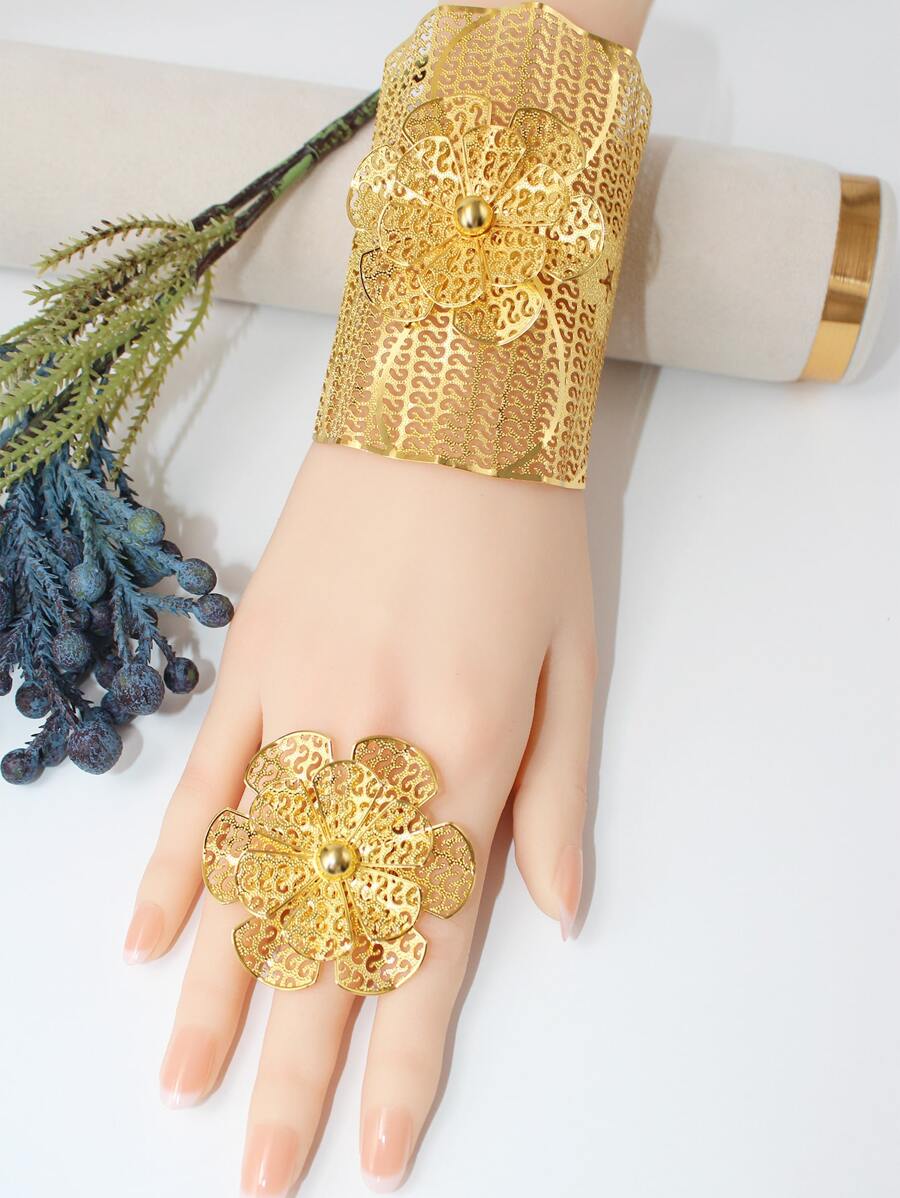 1pc Metal Dubai Saudi Arabia Style Gold Bangle With Ring For Women, Girls, Party And Wedding - Gold - View 1