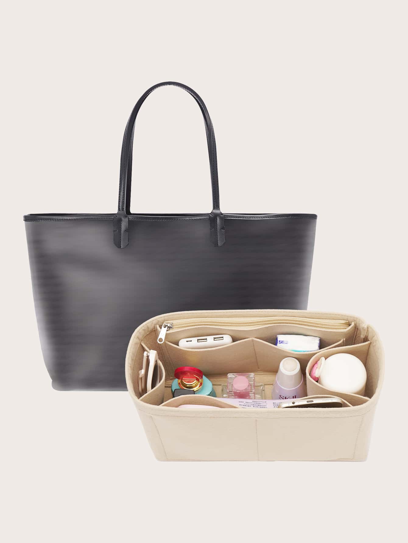 氈布手提包有拉鏈的錢包整理袋，手提袋整理器，背包整理器，學校用品老師禮物，返校老師用品 - 米色 - 查看 1