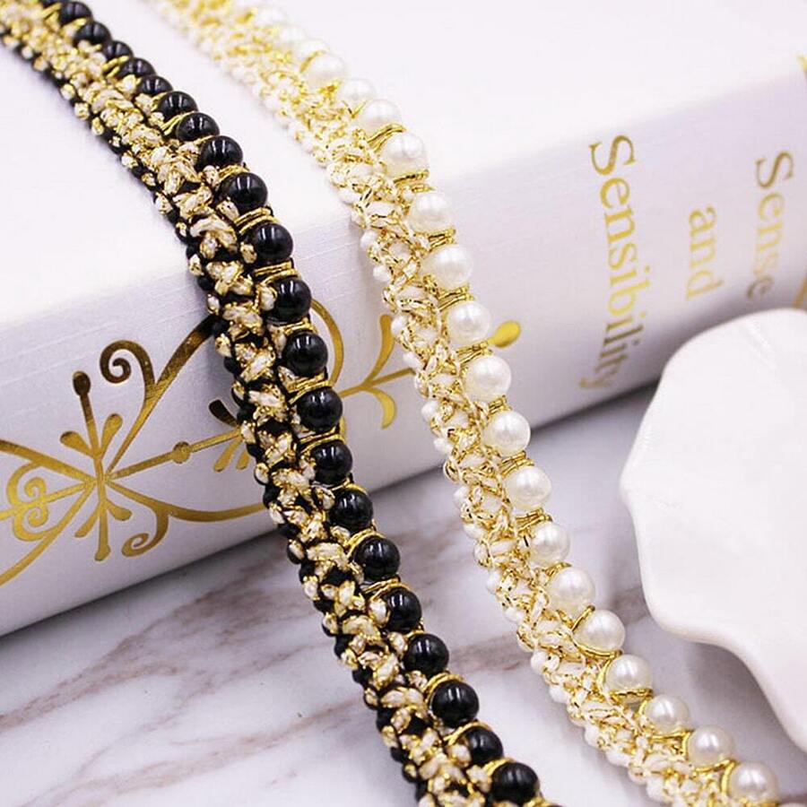 1pc 90cm Long Golden Thread & Pearl Woven Ribbon For Diy Clothing Decoration Accessories, Home Textile, Luggage, Curtains, Lace