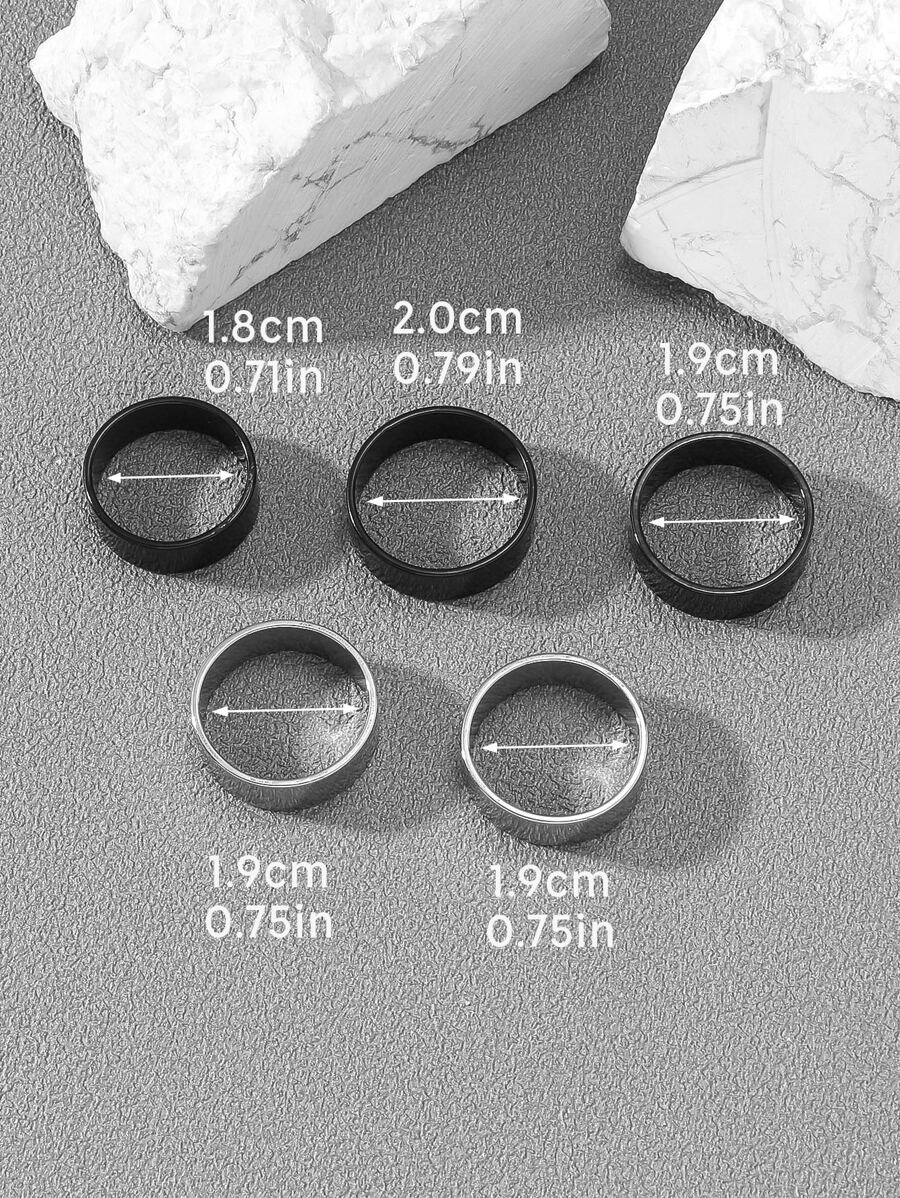5 件/套简约 7 毫米宽度黑色和银色不锈钢戒指套装，适合男士和女士，带多种尺寸珠宝礼物 - 彩色 - 查看 1