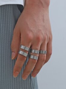 5 件/套经典复古 7 毫米宽银色不锈钢戒指套装适合男女多种尺寸珠宝 - 銀色 - 查看 1