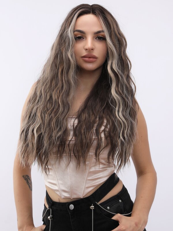 24 inch T-shaped lace gray brown highlight dyed natural long wave synthetic synthetic fiber party wig