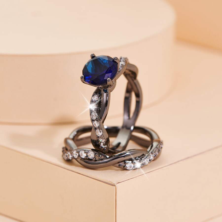 1 Bộ Nhẫn Nữ Thiết Kế Xoắn Màu Xanh Hoàng Gia Thanh Lịch Sang Trọng - Màu xanh lam - Xem 1