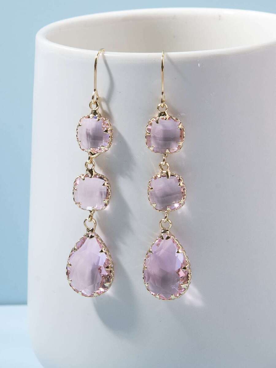 1 对优雅高端金属边框水晶透明玻璃耳环，金色、银色、粉色、黑色，彩色可选，闪亮奢华耳环钩适合日常佩戴、派对、礼物 - 粉色 - 查看 1