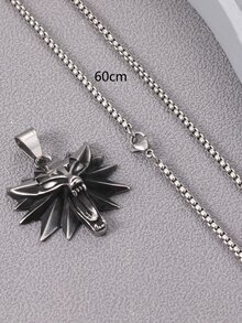 1件欧美嘻哈风个性化巫师狼头吊坠项链，男士款，复古酷炫银色钛钢链 - 銀色 - 查看 3