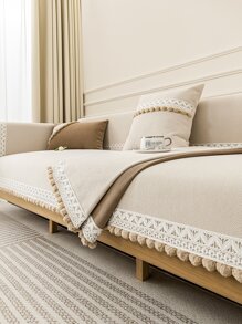 1入組雪尼爾提花工藝通用沙發墊,現代簡約防刮防滑沙發巾,寵物防污客廳沙發套適用於L形沙發和1/2/3/4座位沙發(分別) - 米色 - 查看 1