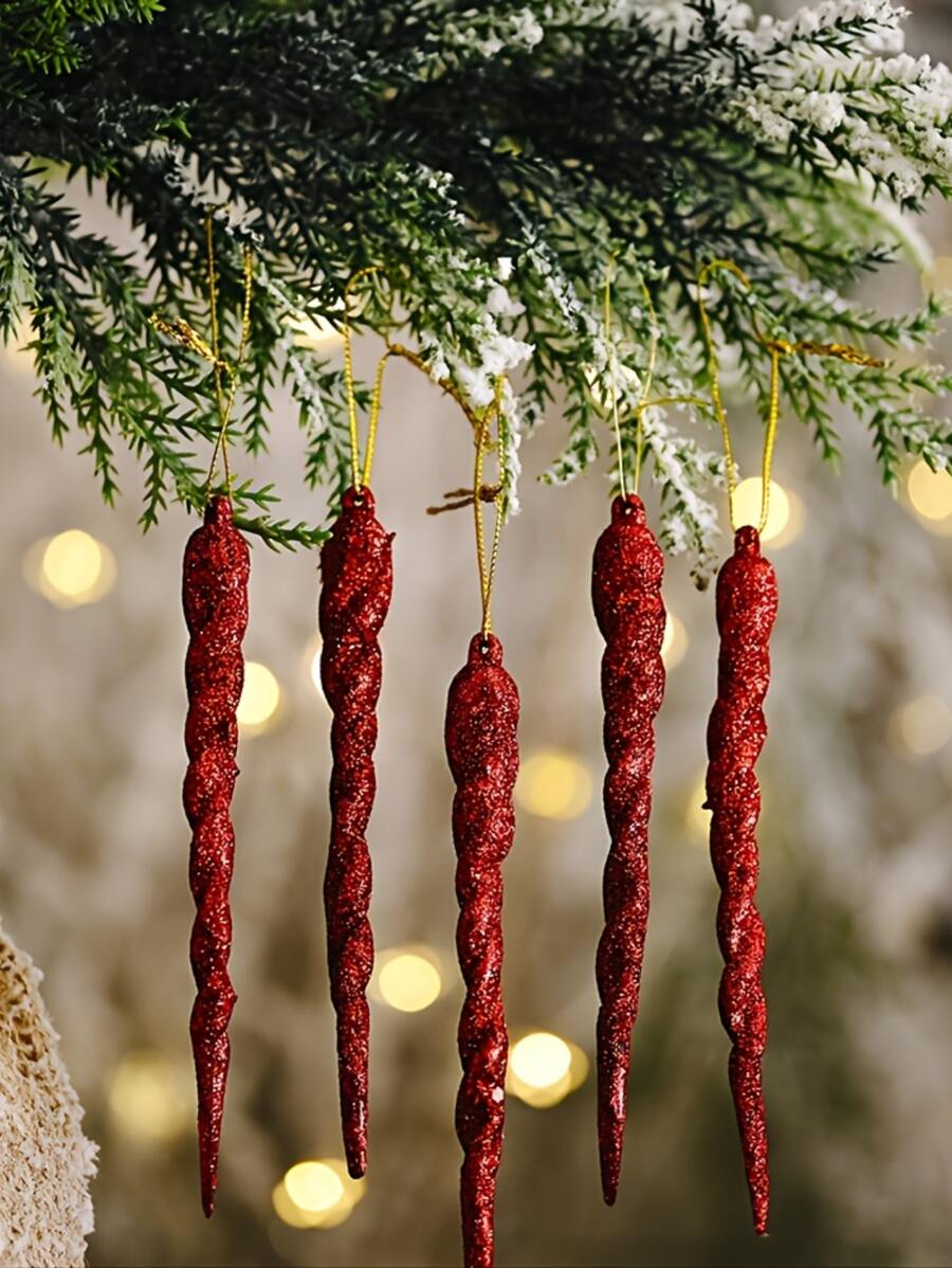 5PCS Christmas-Colored Glitter Plastic Icicles Decorative Pendants, Perfect For Christmas Tree Decoration And Christmas Party Hanging Decorations, Holiday Decorations, Festive Ornaments, Classic Christmas Style, Elegant Holiday Accents, Durable Ornaments, Decorative Ice Decor, Hanging Ornaments, Christmas Shoppers