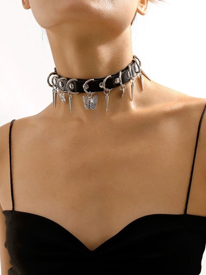1pc Punk Rivet Butterfly Pu Leather Choker For Women, Suitable For Holiday Travel, Party, And Clothing Accessory