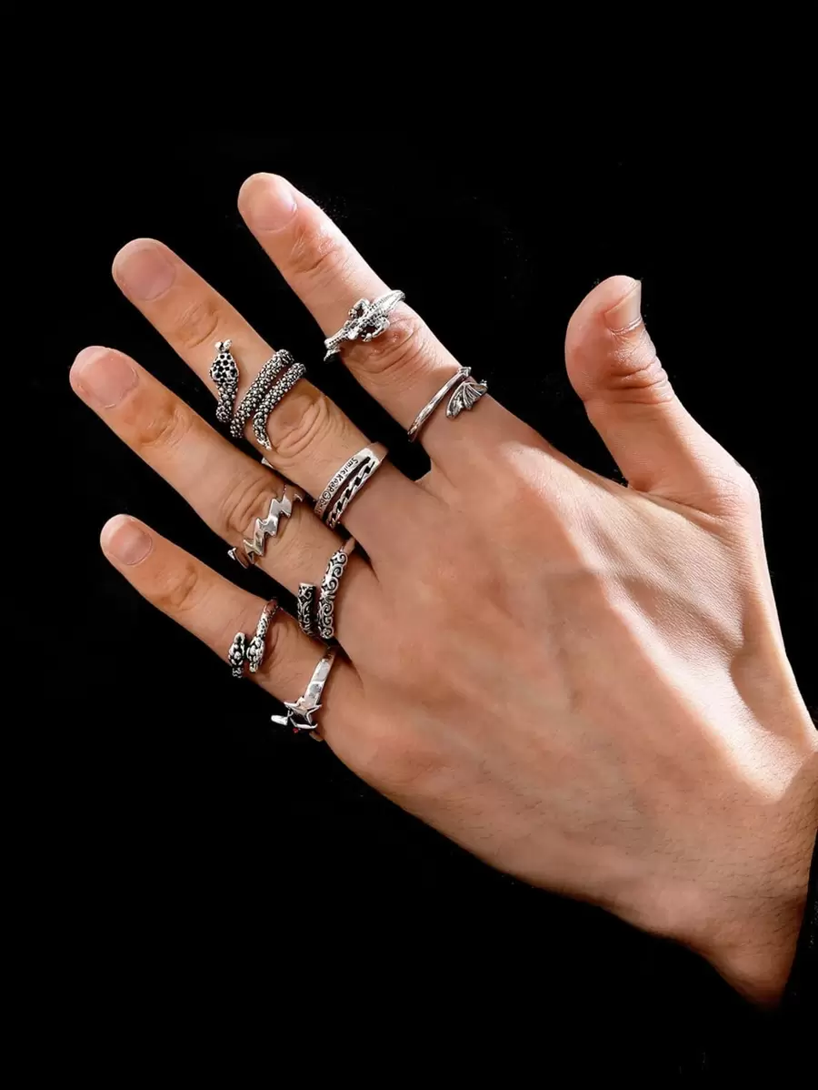 8pcs/set Men's Snake & Star Shaped Ring - Silver - View 1