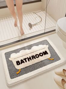 Flocked Bathroom Mat Alphabet Cartoon Design Anti-Slip Tpr Material Soft Water Absorbing Machine Washable Easy To Clean-1pc ,Room Decor
