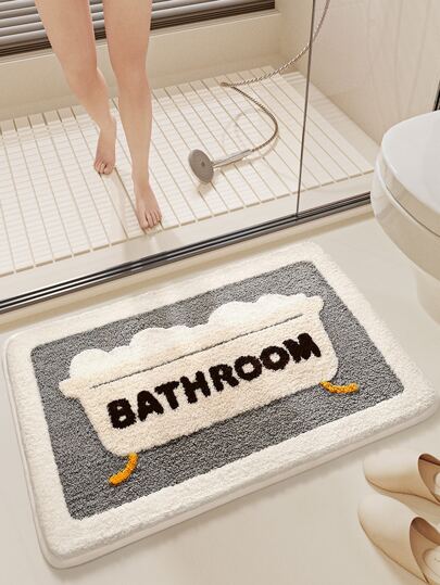 Flocked Bathroom Mat Alphabet Cartoon Design Anti-Slip Tpr Material Soft Water Absorbing Machine Washable Easy To Clean-1pc ,Room Decor