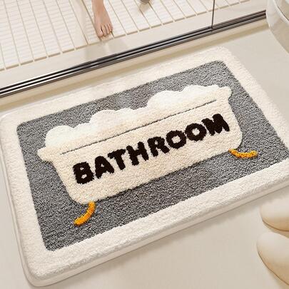 採用防滑TPR材質的字母動漫圖案絨毛浴室墊，柔軟吸水易清洗，可機洗，1片入組，適用於房間裝飾