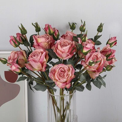 高端仿真烤玫瑰，边缘逼真，单茎玫瑰，3 朵盛开的玫瑰，希腊风格人造花，适用于家居和婚礼装饰、情人节、礼物