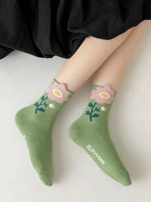 4雙女孩花和字母圖案透氣中筒襪適用於日常生活 - 彩色 - 查看 4