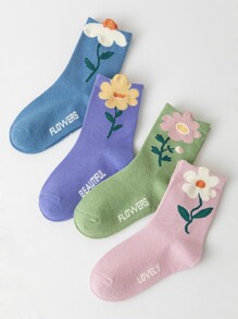 4雙女孩花和字母圖案透氣中筒襪適用於日常生活 - 彩色 - 查看 2