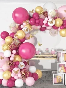 123pcs Gold Color Butterfly Magenta Balloon Set Wedding Birthday Party Balloon Chain,Christmas - Hot Pink - View 2