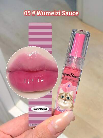 Cappuvini 水感鏡唇彩卡通貓印花持久防水液體唇膏不沾杯不掉色Y2K唇釉