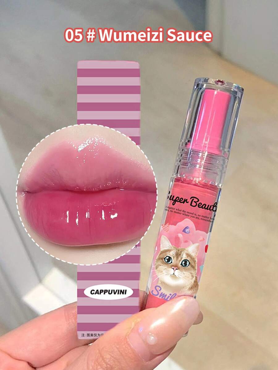 Cappuvini 水感鏡唇彩卡通貓印花持久防水液體唇膏不沾杯不掉色Y2K唇釉 - 紫色 - 查看 1