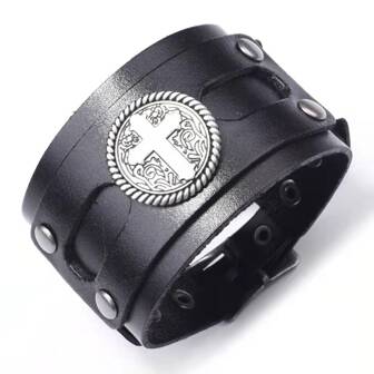 交叉寬皮革手環-中世紀風格袖口腕帶-金屬腰帶扣飾手環適合男士時尚朋克首飾類禮品適合男士受歡迎